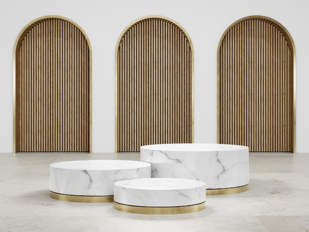 Podium rond en marbre blanc avec une base en or métallique sur un sol en travertin dans un studio de luxe