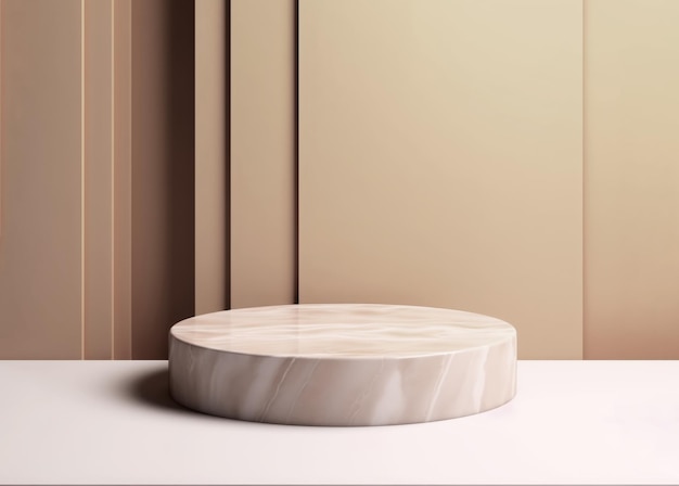 Podium rond en marbre sur fond beige abstrait