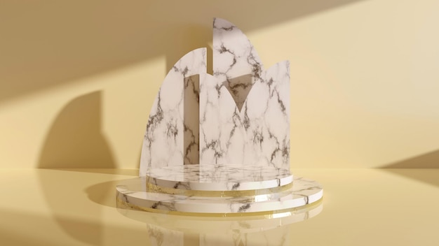 Photo gratuite podium simple comme vitrine pour les produits vitrine moderne avec trois podiums en cube de marbre dans l'ombre de la lumière du soleil sur les produits cosmétiques de mur gris de tableau blanc rendu de fond de luxe