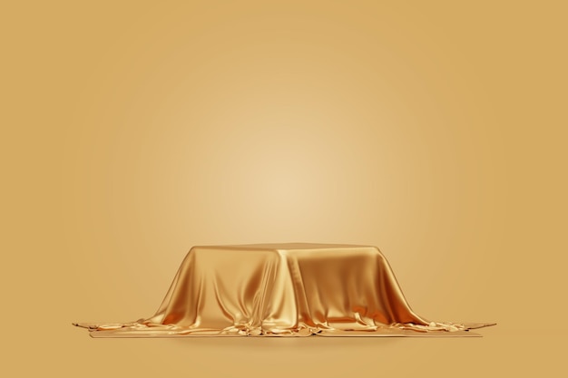 Podium avec tissu doré placé sur le fond d'élégance du piédestal haut de gamme de luxe pour la présentation du produit toile de fond scène vide 3d