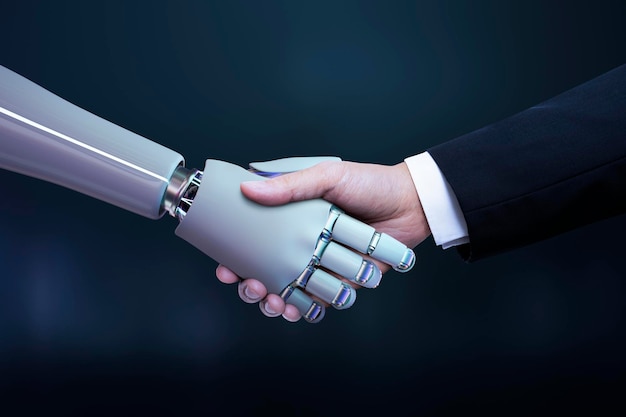 Poignée de main de robot de main d'affaires, transformation numérique d'intelligence artificielle