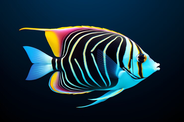 Photo gratuit poisson coloré 3d avec un fond sombre