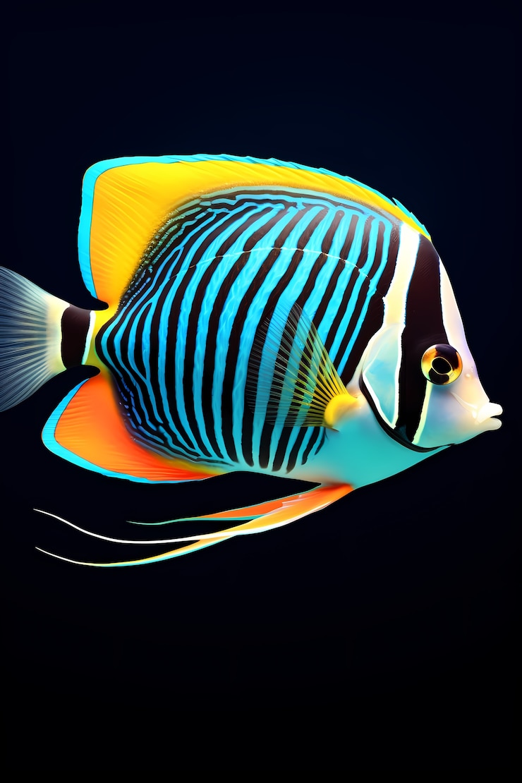 Photo gratuit poisson coloré en 3d avec un fond sombre