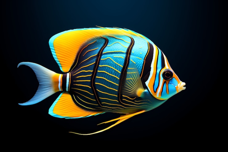 Photo gratuit poisson coloré 3d avec un fond sombre