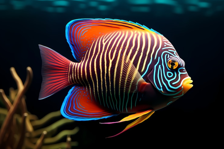 Photo gratuit poisson coloré en 3d avec un fond sombre