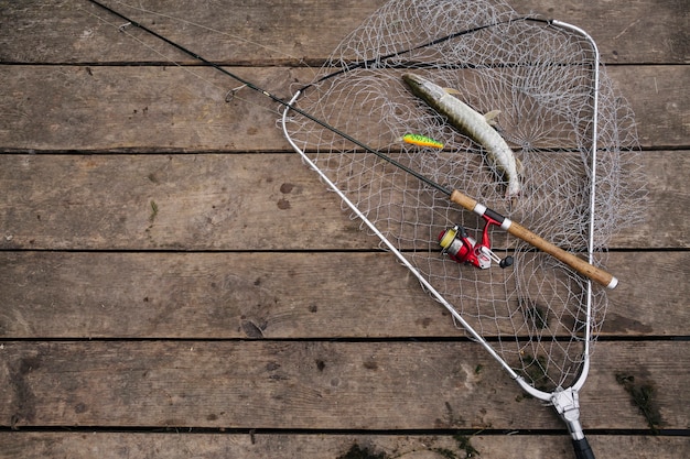 Photo gratuite poisson fraîchement pêché à l'intérieur du filet de pêche avec une canne à pêche sur la jetée en bois