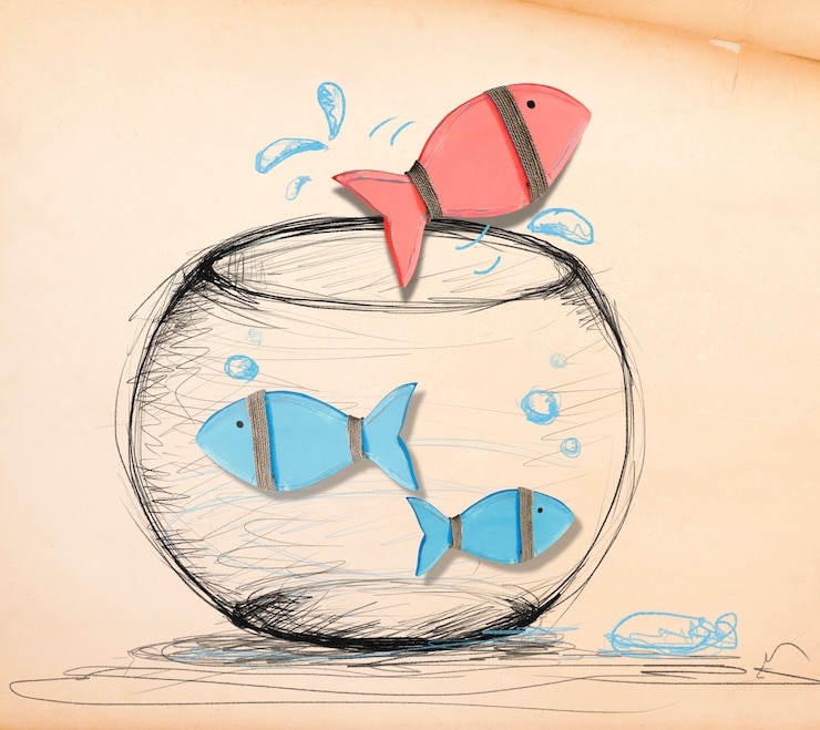 Photo gratuit poisson s'échappant du bocal à poissons