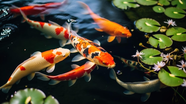 Photo gratuite les poissons koi naviguent gracieusement dans un étang de jardin paisible