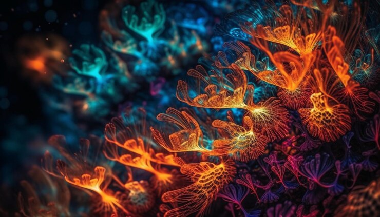 Photo gratuit des poissons de récif brillants nagent dans une fractale sous-marine générée par l'ia