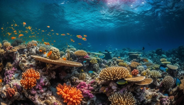 Photo gratuite des poissons de récif sous-marin dans la nature nageant dans un climat tropical bleu généré par l'intelligence artificielle