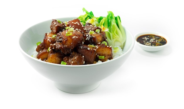 Poitrine de porc braisée caramélisée sur riz recette saupoudrer d'oignon printanier et de sésame décorer les légumes servis sauce aux haricots de soja noir vue latérale de style chinois