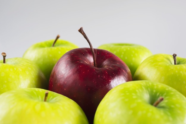 Pomme fraîche colorée sur des fruits gris, propres et frais