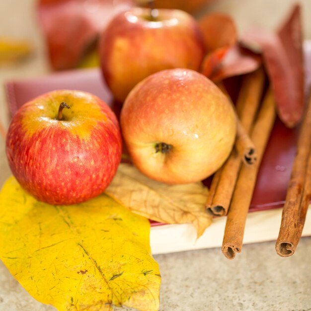 Pomme avec livre et feuilles sèches