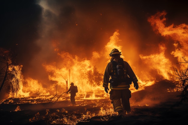 Pompier essayant de contenir un incendie de forêt