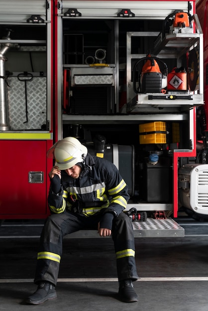 Pompier masculin à la station équipé du costume et du casque de sécurité