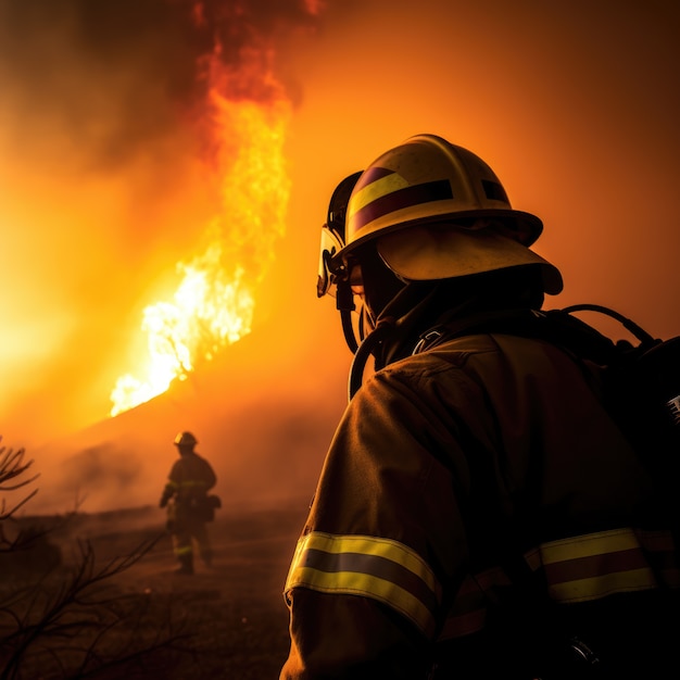 Photo gratuite un pompier à tir moyen essaie d'éteindre un feu de forêt.