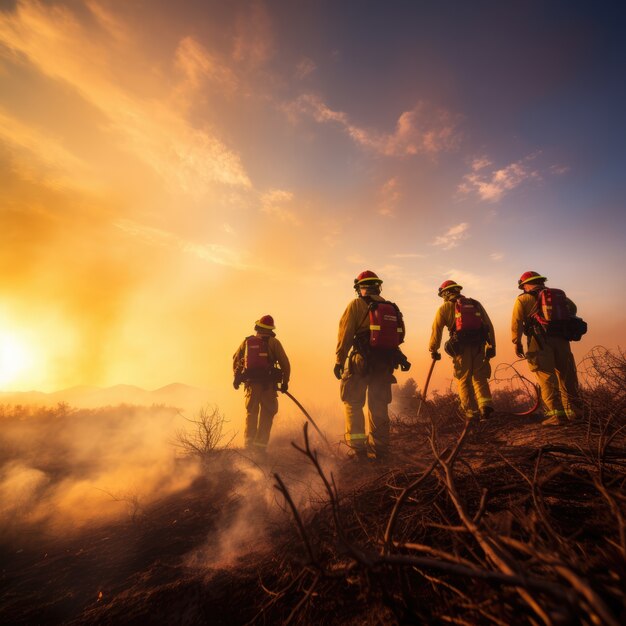 Des pompiers à plein tir essaient d'éteindre un feu de forêt.