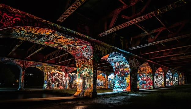 Un pont avec des graffitis en dessous qui disent "graffiti" dessus