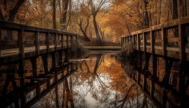 Le pont de paysage d'automne tranquille reflète la beauté multicolore générée par l'IA