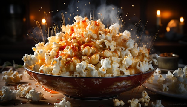 Pop-corn gourmet frais et beurreux parfait pour une soirée cinéma généré par l'intelligence artificielle