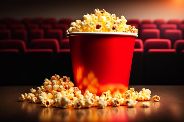 Pop-corn sur une table devant une salle de cinéma