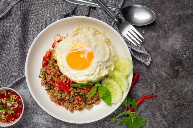 Porc haché au basilic avec riz et œuf au plat