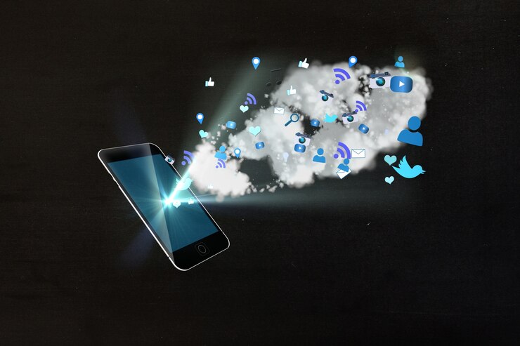 Photo gratuit portable lumineux avec des icônes dans les tons bleus