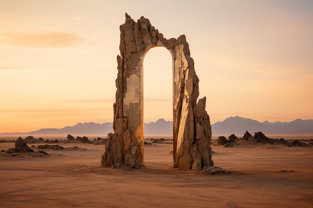 Photo gratuite une porte d'entrée ou un portail de style fantastique avec un paysage désertique.