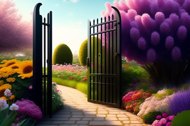 Une porte de jardin avec un jardin de fleurs en arrière-plan.