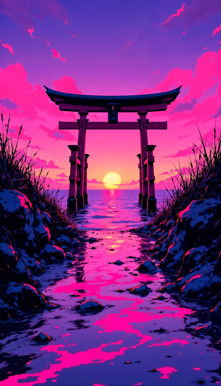 Photo gratuit la porte rose du torii au coucher du soleil