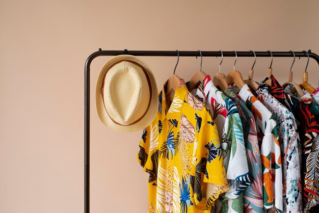 Porte-vêtements avec chemises hawaïennes à fleurs sur cintres et chapeau