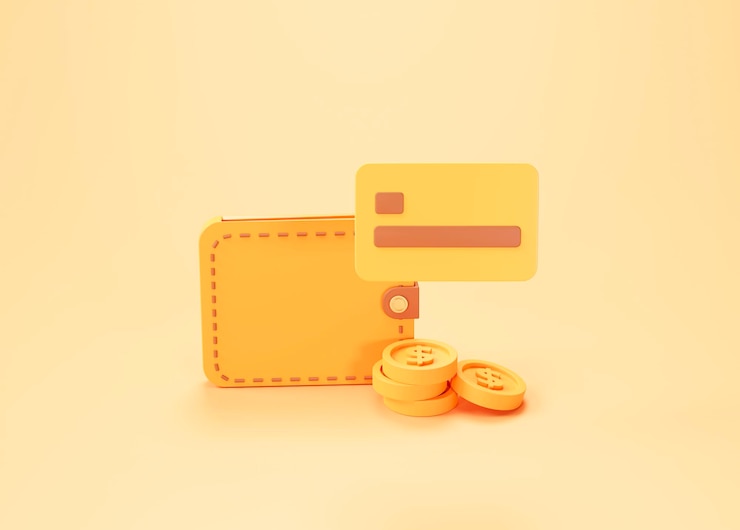 Photo gratuit portefeuille et carte de crédit avec concept d'achat et de paiement en ligne de pièces de monnaie sur fond orange rendu 3d