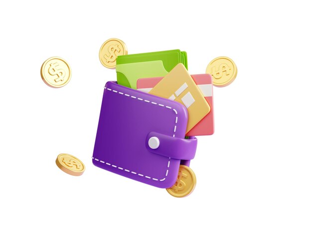 Portefeuille d'illustration 3D avec pièces de monnaie et cartes de crédit
