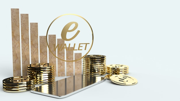 Le portefeuille mobile symbole e et pièces d'or rendu 3d pour le concept d'entreprise e.