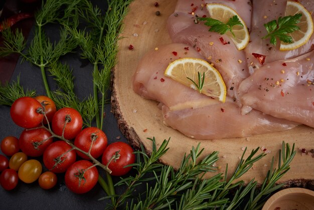 portions de viande de poulet fraîche pour la cuisson et le barbecue avec assaisonnement frais. Cuisse de poulet cru cru sur une planche à découper.