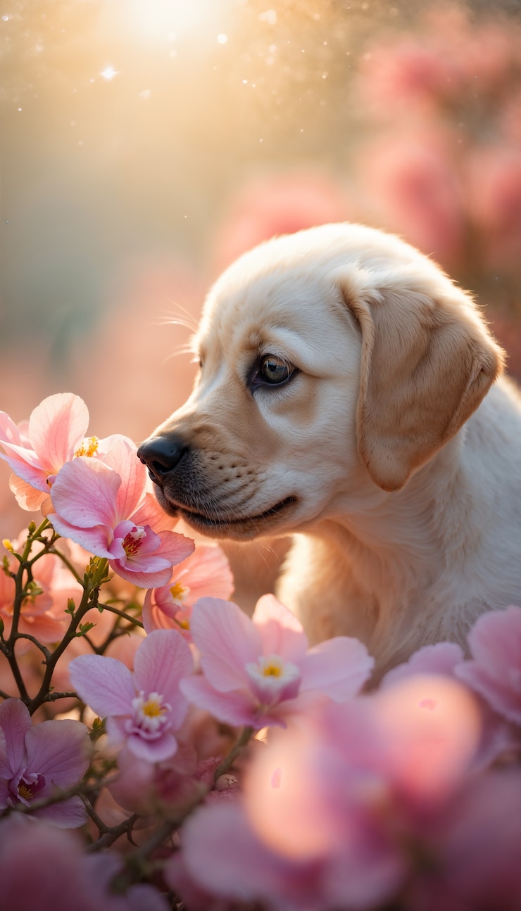 Photo gratuit portrait adorable d'un animal de compagnie entouré de fleurs