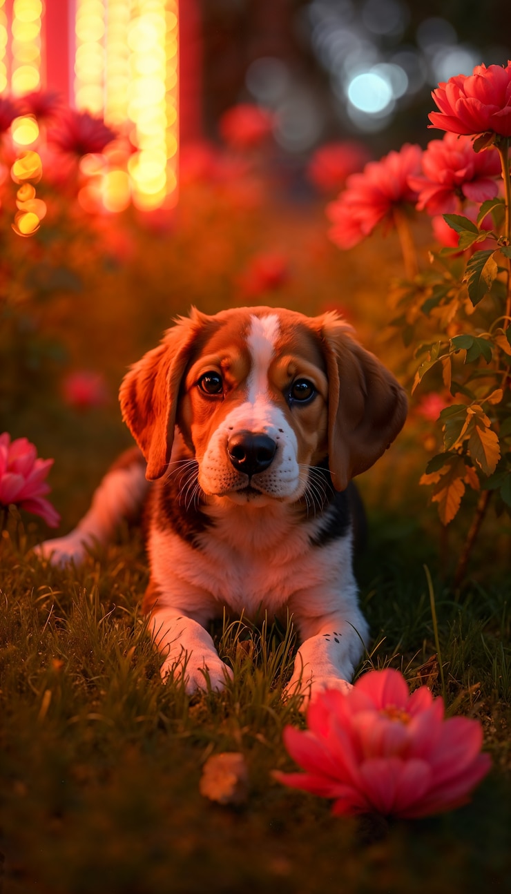 Photo gratuit portrait adorable d'un animal de compagnie entouré de fleurs