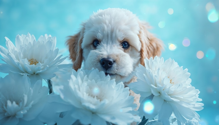 Photo gratuit portrait adorable d'un animal de compagnie entouré de fleurs