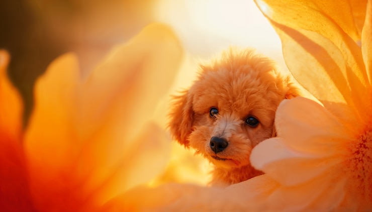 Photo gratuit portrait adorable d'un animal de compagnie entouré de fleurs