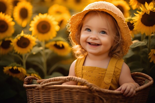 Portrait d'un adorable nouveau-né dans un panier avec des tournesols