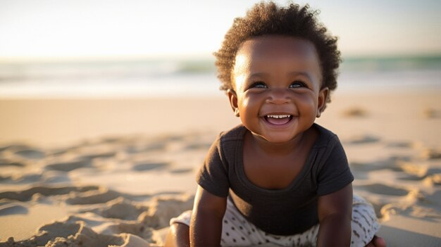 Portrait d'un adorable nouveau-né sur la plage