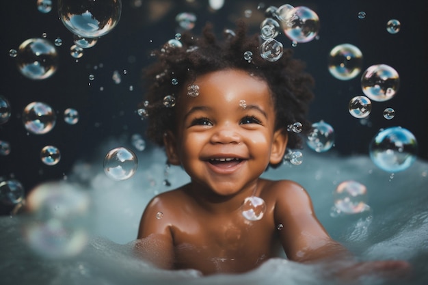 Portrait d'un adorable nouveau-né qui prend un bain