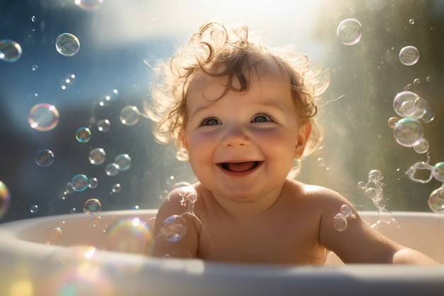 Photo gratuite portrait d'un adorable nouveau-né qui prend un bain