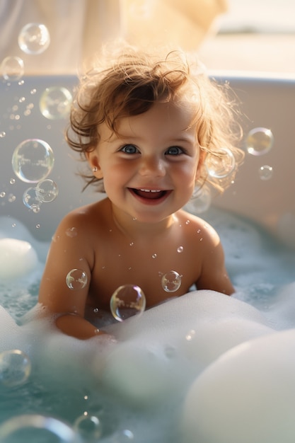 Photo gratuite portrait d'un adorable nouveau-né qui prend un bain