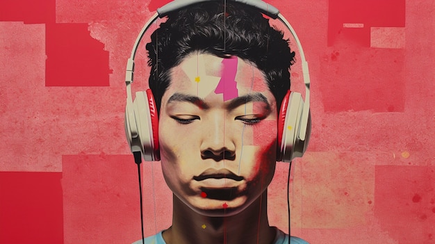 Portrait d'art numérique d'une personne écoutant de la musique avec des écouteurs
