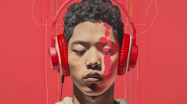 Portrait d'art numérique d'une personne écoutant de la musique avec des écouteurs
