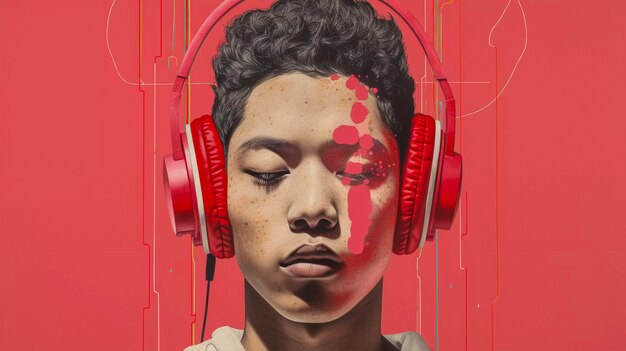 Portrait d'art numérique d'une personne écoutant de la musique avec des écouteurs