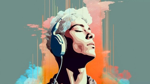 Portrait d'art numérique d'une personne écoutant de la musique avec des écouteurs