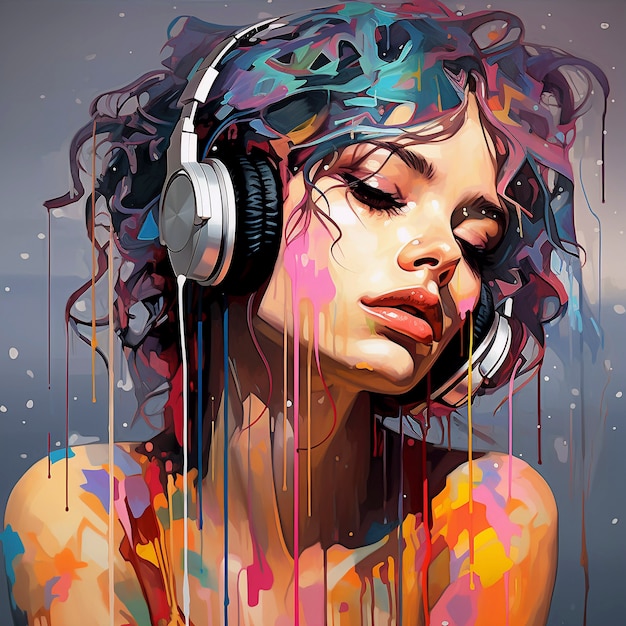 Portrait d'art numérique d'une personne écoutant de la musique sur des écouteurs