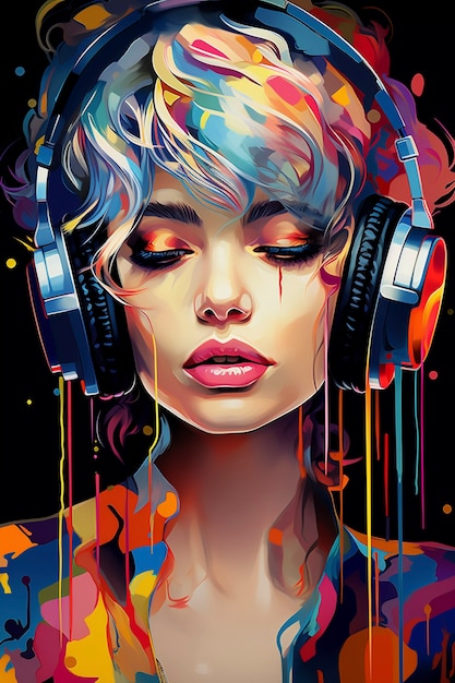Photo gratuite portrait d'art numérique d'une personne écoutant de la musique avec des écouteurs